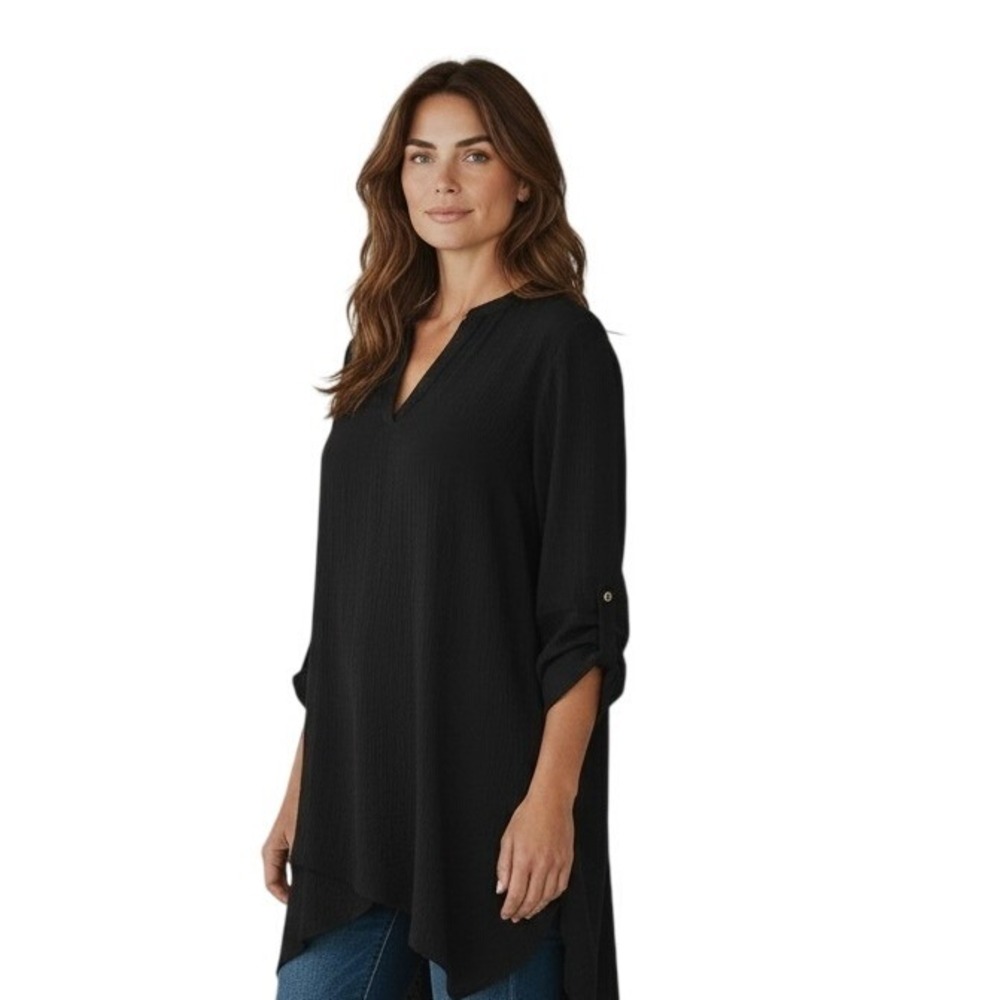 Susan‎ Graver Elegant Crossover Hem Tunic Top Roll Tab Long Sleeve Size 6 Black